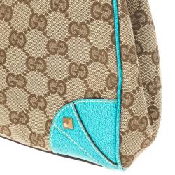 Pre Owned Gucci Beige GG Canvas and Turquoise Leather Bardot Bag 