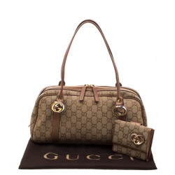 Pre Owned Gucci Beige/Bronze GG Canvas and Leather GG Twin Boston Bag