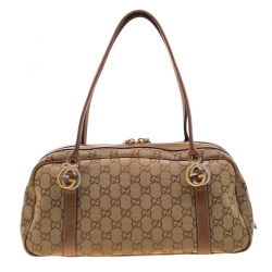 Pre Owned Gucci Beige/Bronze GG Canvas and Leather GG Twin Boston Bag