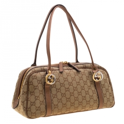 Pre Owned Gucci Beige/Bronze GG Canvas and Leather GG Twin Boston Bag