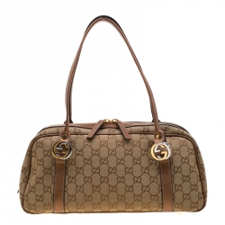 Pre Owned Gucci Beige/Bronze GG Canvas and Leather GG Twin Boston Bag