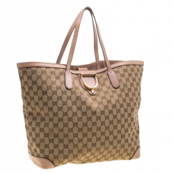 Pre Owned Gucci Beige GG Canvas and Leather Large D Ring Tote 