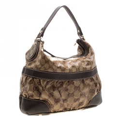 Pre Owned Gucci Beige/Brown GG Crystal Canvas and Leather Mix Medium Hobo