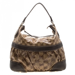 Pre Owned Gucci Beige/Brown GG Crystal Canvas and Leather Mix Medium Hobo