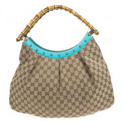 Pre Owned Gucci Beige Ebony GG Canvas Turquoise Leather Studded Bamboo Handle Bag 