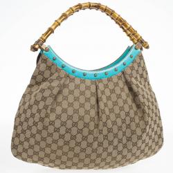 Pre Owned Gucci Beige Ebony GG Canvas Turquoise Leather Studded Bamboo Handle Bag 