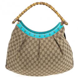 Pre Owned Gucci Beige Ebony GG Canvas Turquoise Leather Studded Bamboo Handle Bag 