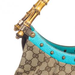 Pre Owned Gucci Beige Ebony GG Canvas Turquoise Leather Studded Bamboo Handle Bag 