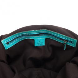 Pre Owned Gucci Beige Ebony GG Canvas Turquoise Leather Studded Bamboo Handle Bag 