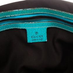 Pre Owned Gucci Beige Ebony GG Canvas Turquoise Leather Studded Bamboo Handle Bag 