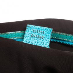 Pre Owned Gucci Beige Ebony GG Canvas Turquoise Leather Studded Bamboo Handle Bag 