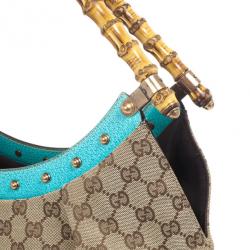 Pre Owned Gucci Beige Ebony GG Canvas Turquoise Leather Studded Bamboo Handle Bag 
