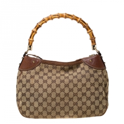Pre Owned Gucci Beige/Brown Canvas and Leather Bamboo Handle Top Handle Bag