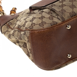 Pre Owned Gucci Beige/Brown Canvas and Leather Bamboo Handle Top Handle Bag