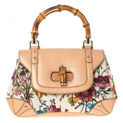 مملوكة مسبقًا Gucci Flora Print Bamboo Satchel Bag