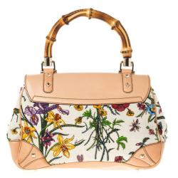 مملوكة مسبقًا Gucci Flora Print Bamboo Satchel Bag