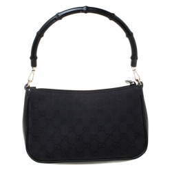 Pre Owned Gucci Black GG Canvas and Leather Bamboo Shoulder Bag
