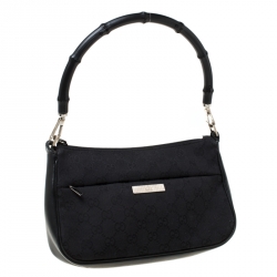 Pre Owned Gucci Black GG Canvas and Leather Bamboo Shoulder Bag