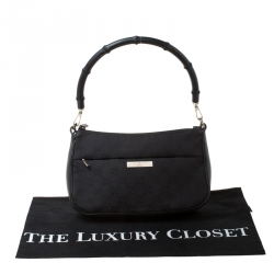 Pre Owned Gucci Black GG Canvas and Leather Bamboo Shoulder Bag
