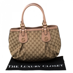 Pre Owned Gucci Beige/Pink GG Canvas and Leather Medium Scarlett Stud Interlocking Tote