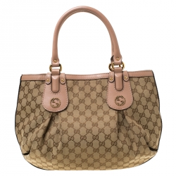 Pre Owned Gucci Beige/Pink GG Canvas and Leather Medium Scarlett Stud Interlocking Tote