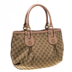 Pre Owned Gucci Beige/Pink GG Canvas and Leather Medium Scarlett Stud Interlocking Tote