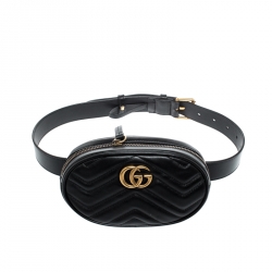 Pre Owned Gucci Black Matelassé Leather GG Marmont Belt Bag