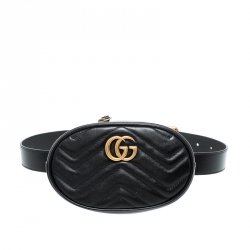 Pre Owned Gucci Black Matelassé Leather GG Marmont Belt Bag
