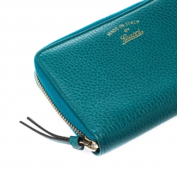 Gucci Teal Leather Logo Zip Around Wallet