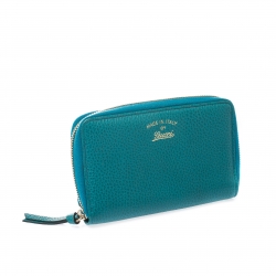Gucci Teal Leather Logo Zip Around Wallet