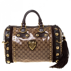 Pre Owned Gucci Beige GG Crystal Canvas and Leather Babouska Indy Boston Bag