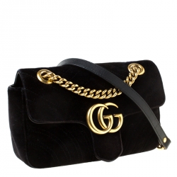 Pre Owned Gucci Black Matelasse Velvet Mini GG Marmont Shoulder Bag