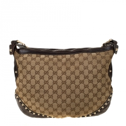 مملوكة مسبقًا Gucci Beige/Brown GG Canvas and Leather Small Studded Pelham Web Hobo