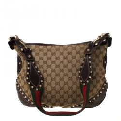 مملوكة مسبقًا Gucci Beige/Brown GG Canvas and Leather Small Studded Pelham Web Hobo