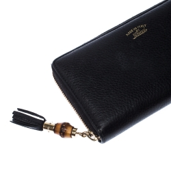 Pre Owned Gucci Black Leather Bamboo Tassel Zip Around Wallet