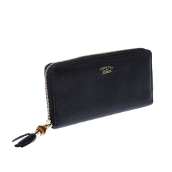 Pre Owned Gucci Black Leather Bamboo Tassel Zip Around Wallet