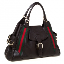 Pre Owned Gucci Dark Brown Leather Web Heritage Tote