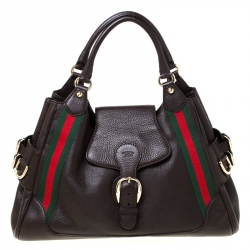 Pre Owned Gucci Dark Brown Leather Web Heritage Tote