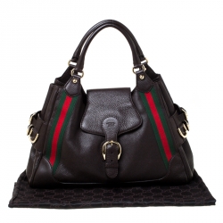 Pre Owned Gucci Dark Brown Leather Web Heritage Tote