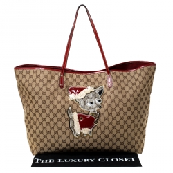 Pre Owned Gucci Beige/Red Monogram Canvas Brando Guccioli Holiday Chihuahua Tote