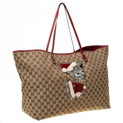 Pre Owned Gucci Beige/Red Monogram Canvas Brando Guccioli Holiday Chihuahua Tote