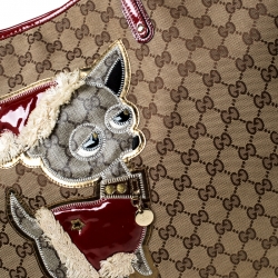 Pre Owned Gucci Beige/Red Monogram Canvas Brando Guccioli Holiday Chihuahua Tote