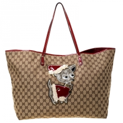 Pre Owned Gucci Beige/Red Monogram Canvas Brando Guccioli Holiday Chihuahua Tote