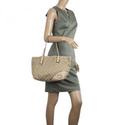 Pre Owned Gucci New Britt Medium Tote Beige and Ebony GG Canvas
