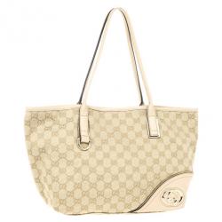 Pre Owned Gucci New Britt Medium Tote Beige and Ebony GG Canvas