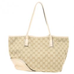 Pre Owned Gucci New Britt Medium Tote Beige and Ebony GG Canvas