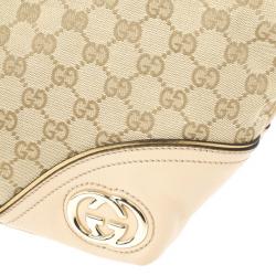 Pre Owned Gucci New Britt Medium Tote Beige and Ebony GG Canvas