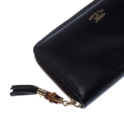 Gucci Black Leather Bamboo Tassel Zip Around Wallet