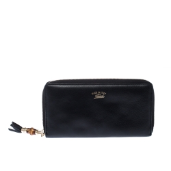 Gucci Black Leather Bamboo Tassel Zip Around Wallet