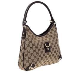 Pre Owned Gucci Beige/Brown GG Canvas and Leather Small Abbey D Ring Hobo 